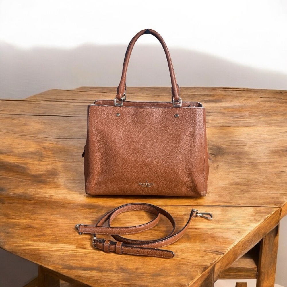 KATE SPADE LEILA  NEW YORK COGNAC LEATHER PEBBLED TOTE BAG W/ STRAP